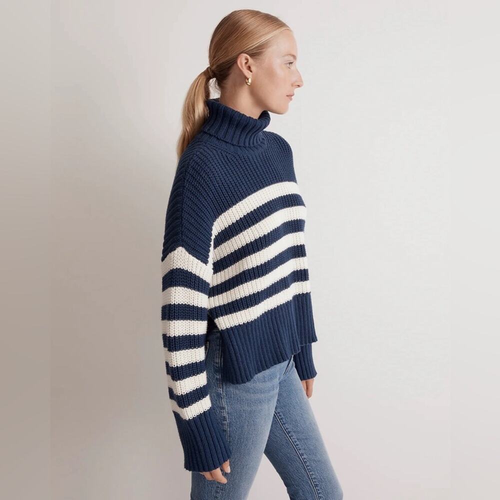 Madewell Wide Rib Turtleneck Sweater Navy and White Striped Women’s size XXS - Picture 11 of 11
